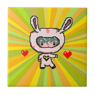 Cute Bunny girl 8 bit pixel art yellow psychedelic Ceramic Tile