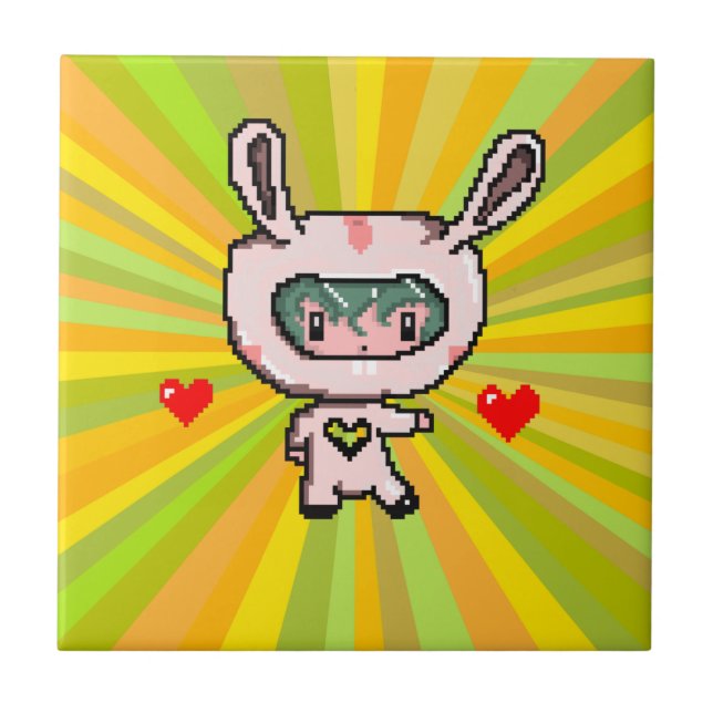 Cute Bunny girl 8 bit pixel art yellow psychedelic Ceramic Tile (Front)