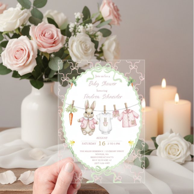 Cute Bunny Girl Clothesline Baby Shower  Acrylic Invitations (Creator Uploaded)