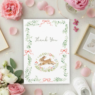Cute Bunny Girl Floral Pink Bow Baby Shower Thank You Card