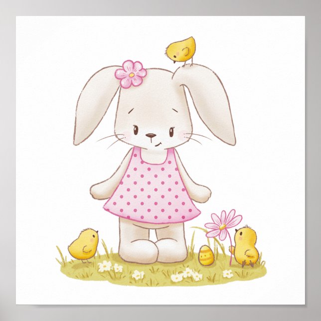 Cute Bunny Girl in Pink Dress and Kawaii Chicks Poster (Front)