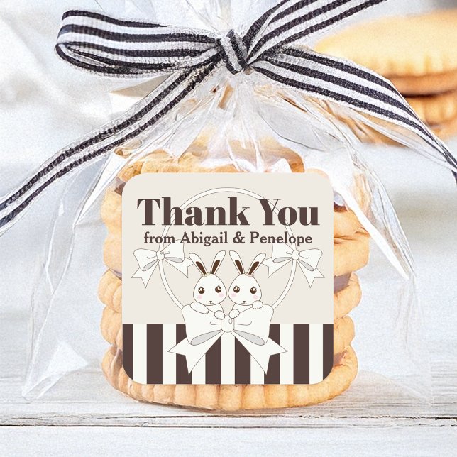 Cute Bunny Girl Twin Baby Shower / Birthday Favor Square Sticker (Creator Uploaded)