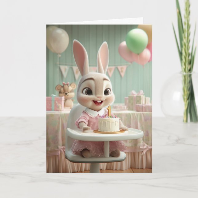 Cute Bunny Girl's First Birthday Smash Cake Card (Front)