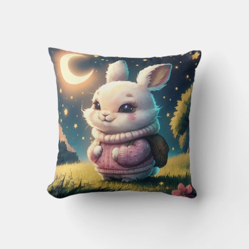 Cute Bunny goes to School at Night Throw Pillow