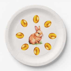 Cute Bunny & Golden Easter Eggs on Ivory Paper Plates