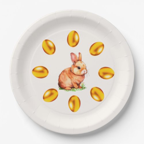 Cute Bunny  Golden Easter Eggs on Ivory Paper Plates