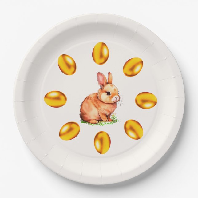Cute Bunny & Golden Easter Eggs on Ivory Paper Plates (Front)