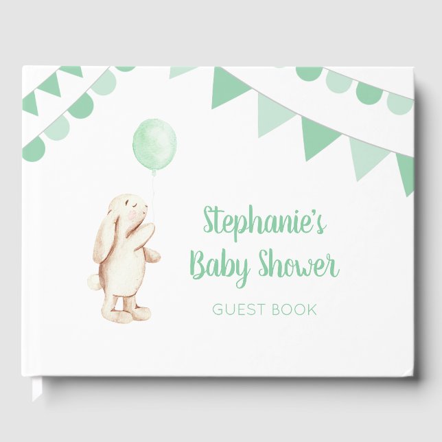 Cute Bunny & Green Balloon Watercolor Baby Shower Guest Book (Front)