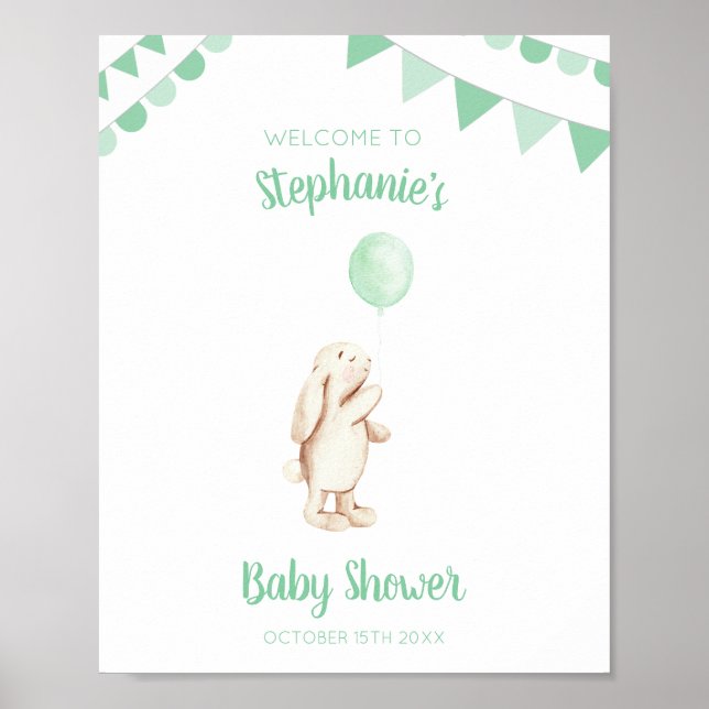 Cute Bunny & Green Balloon Watercolor Baby Shower Poster (Front)