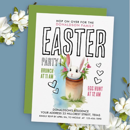 Cute Bunny Green Pink Easter Egg Hunt Watercolor Invitation