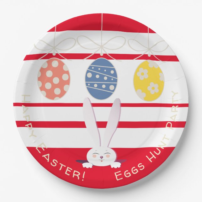 Cute Bunny Happy Easter Eggs Hunt Party Spring Paper Plates (Front)