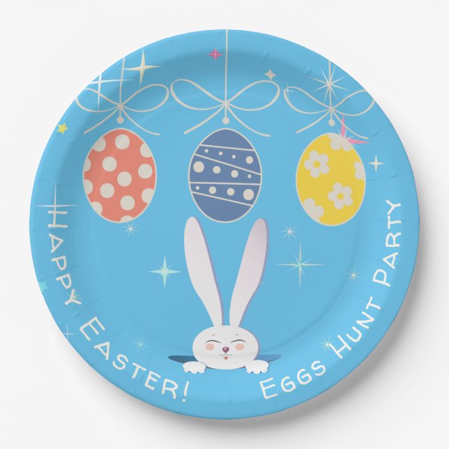 Cute Bunny Happy Easter Eggs Hunt Party Spring Paper Plates (Front)