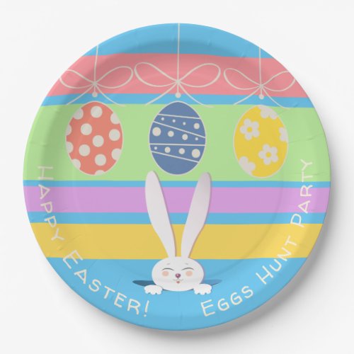 Cute Bunny Happy Easter Eggs Hunt Party Spring Tre Paper Plates