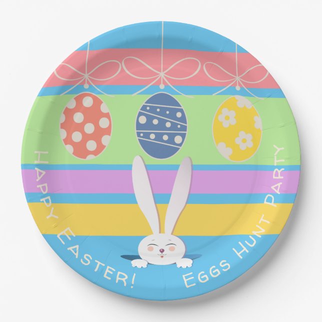 Cute Bunny Happy Easter Eggs Hunt Party Spring Tre Paper Plates (Front)