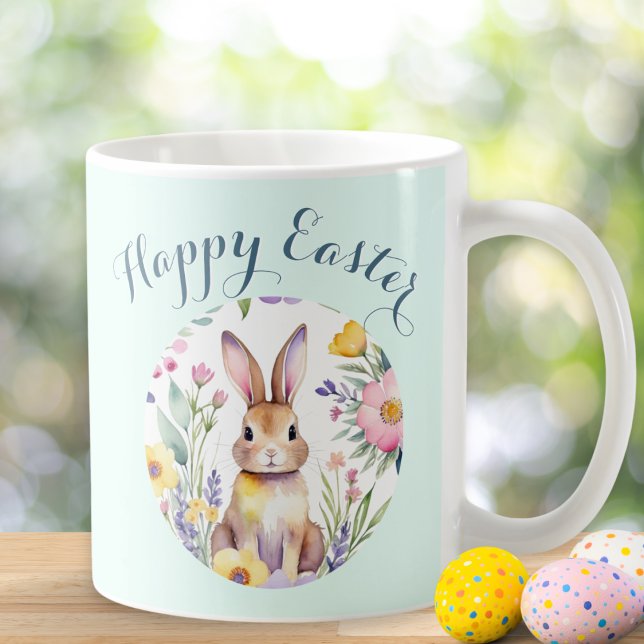 Cute Bunny Happy Easter Floral Personalized Coffee Mug (A mug with watercolor-style Easter bunny, personalized with a name on the back)