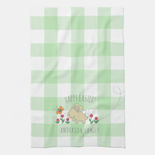Cute Bunny Happy Easter Pink Flowers Green Plaid Kitchen Towel
