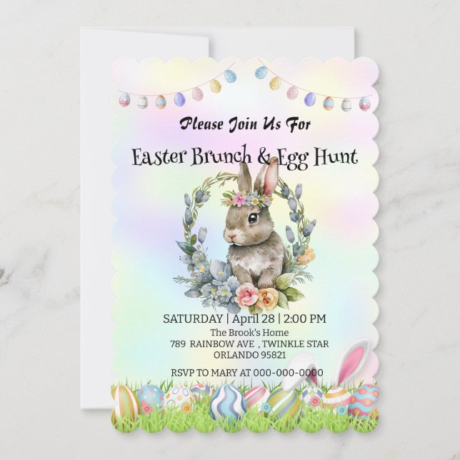 Cute bunny hare hunting egg Happy Easter day Party Invitation (Front)