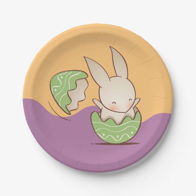 Cute Bunny hatching, Green Easter Egg Paper Plates (Front)