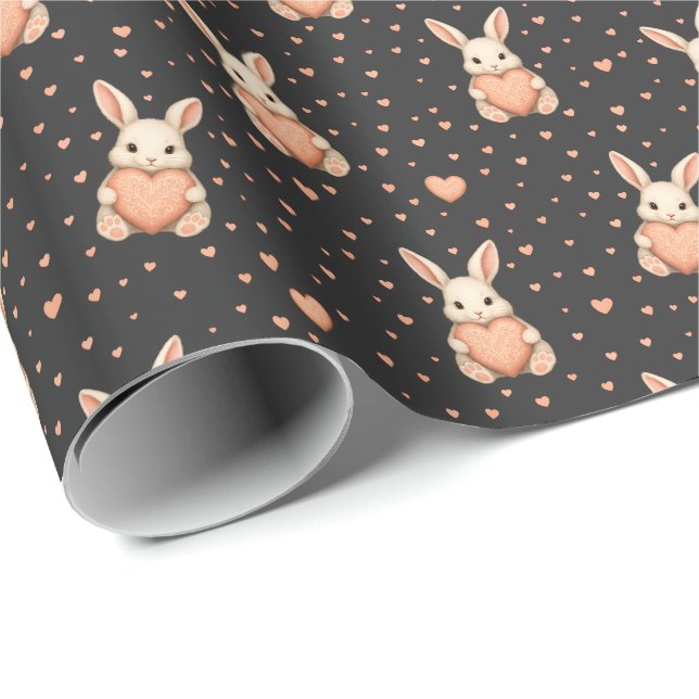 Cute Bunny Heart Pattern on Dark Charcoal Wrapping Paper (Roll Corner)