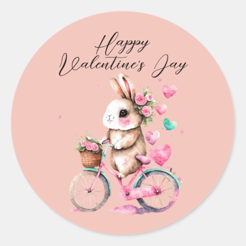 Cute Bunny Hearts Pink Hearts Happy Valentines Day Classic Round Sticker