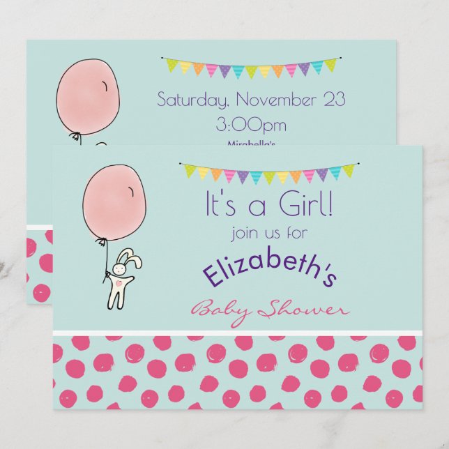 Cute Bunny Holding a Balloon Baby Shower Invite (Front/Back)
