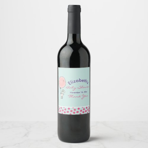 Cute Bunny Holding a Balloon Baby Shower Wine Label
