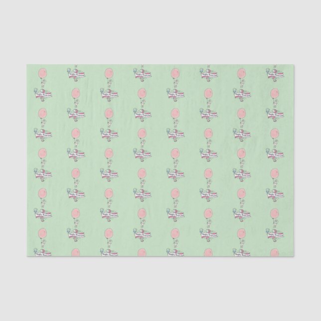 Cute Bunny Holding a Balloon Happy Birthday Tissue Paper (Front)