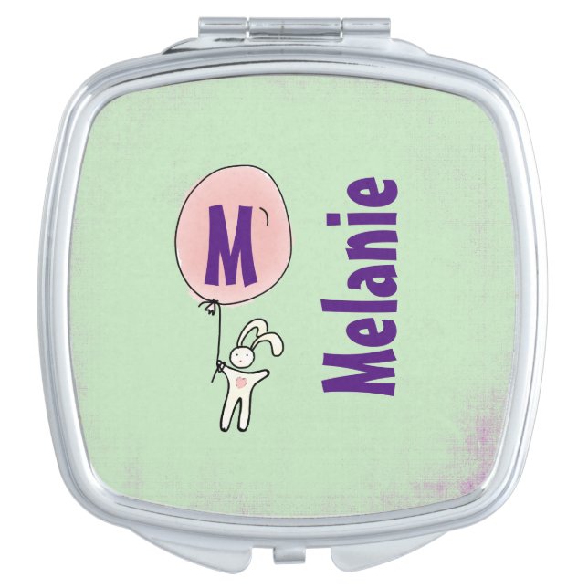 Cute Bunny Holding a Balloon Monogram Mirror For Makeup (Front)