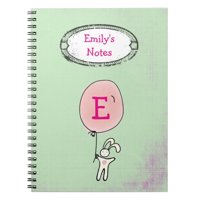 Cute Bunny Holding a Balloon Monogram Notebook (Front)