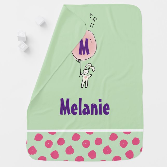 Cute Bunny Holding a Balloon Monogram Stroller Blanket (In Situ)
