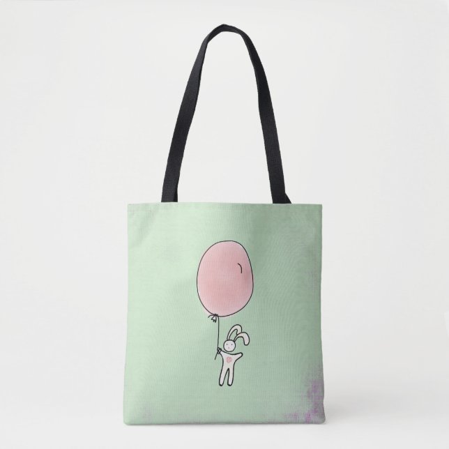 Cute Bunny Holding a Balloon Tote Bag (Front)