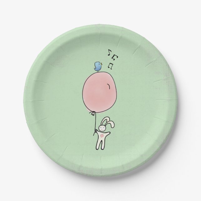 Cute Bunny Holding a Balloon with a Bird on Top Paper Plates (Front)