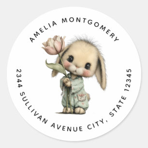 Cute Bunny Holding a Tulip - Address Classic Round Sticker