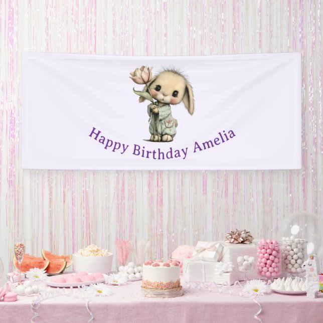 Cute Bunny Holding a Tulip Birthday Banner (Party)