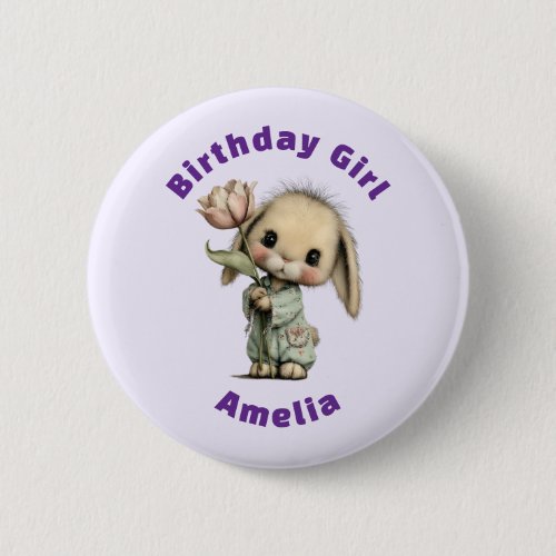 Cute Bunny Holding a Tulip Birthday Girl Button