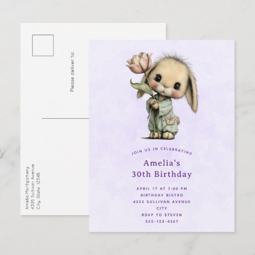 Cute Bunny Holding a Tulip Birthday Invitation Postcard