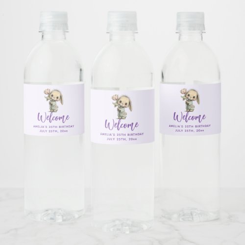 Cute Bunny Holding a Tulip Birthday Water Bottle Label