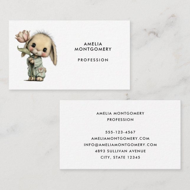 Cute Bunny Holding a Tulip Business Card (Front/Back)