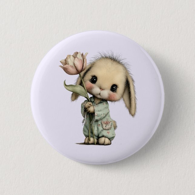 Cute Bunny Holding a Tulip Button (Front)
