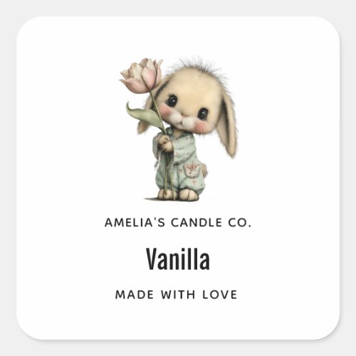 Cute Bunny Holding a Tulip Candle Business Square Sticker