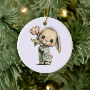 Cute Bunny Holding a Tulip Ceramic Ornament