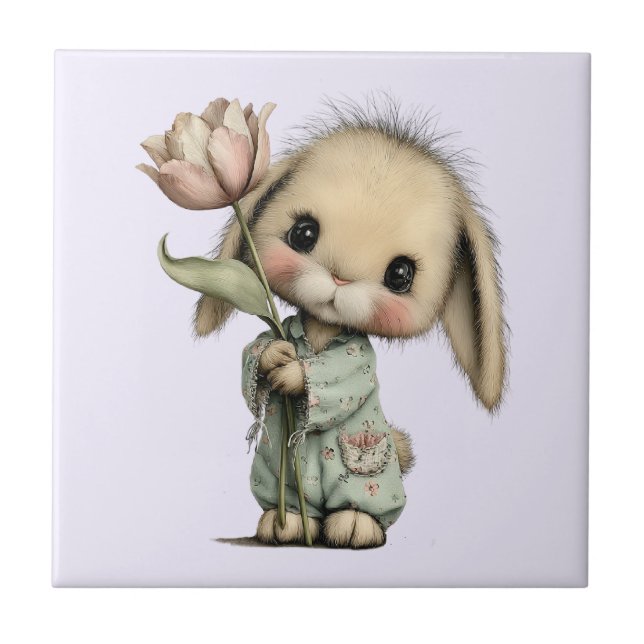Cute Bunny Holding a Tulip Ceramic Tile (Front)