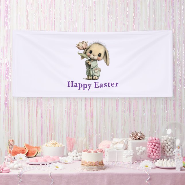 Cute Bunny Holding a Tulip Easter Banner (Party)