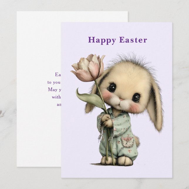 Cute Bunny Holding a Tulip Easter Holiday Card (Front/Back)