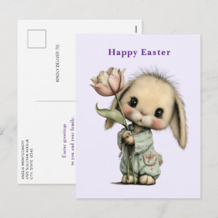 Cute Bunny Holding a Tulip Easter Holiday Postcard