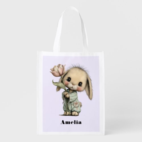 Cute Bunny Holding a Tulip Grocery Bag