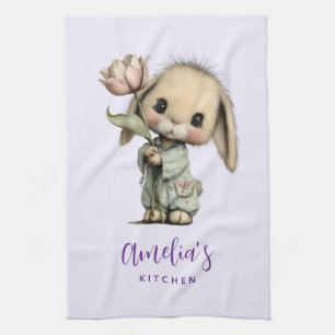 Cute Bunny Holding a Tulip Kitchen Towel