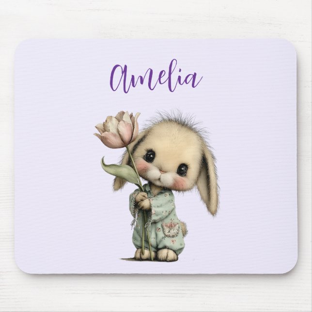 Cute Bunny Holding a Tulip Mouse Pad (Front)