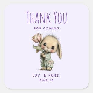 Cute Bunny Holding a Tulip Party Thank You Square Sticker
