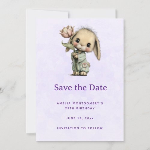 Cute Bunny Holding a Tulip Save The Date